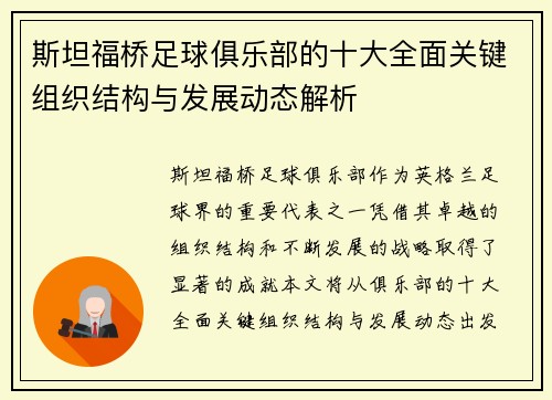 斯坦福桥足球俱乐部的十大全面关键组织结构与发展动态解析
