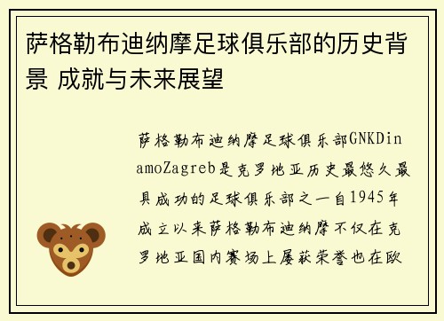 萨格勒布迪纳摩足球俱乐部的历史背景 成就与未来展望 萨格勒布迪纳摩足球俱乐部的历史背景 成就与未来展望